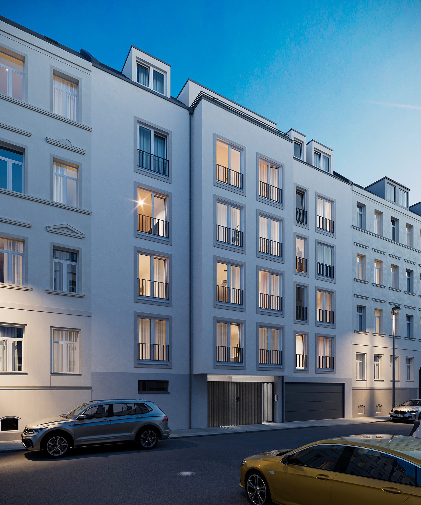 Aussenvisualisierung einer Stadthausfassade in der Abenddämmerung